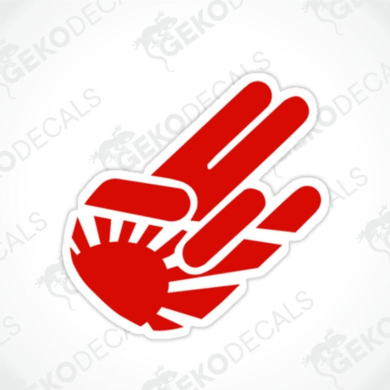 A red hand gesture decal.