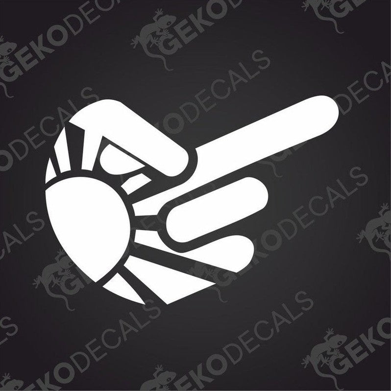 A white design resembling a hand making a downward motion.