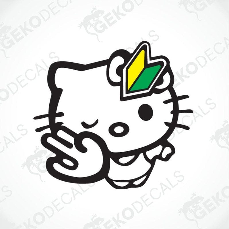 A car sticker decal of Hello Kitty with a green and yellow JDMbadge on her head.