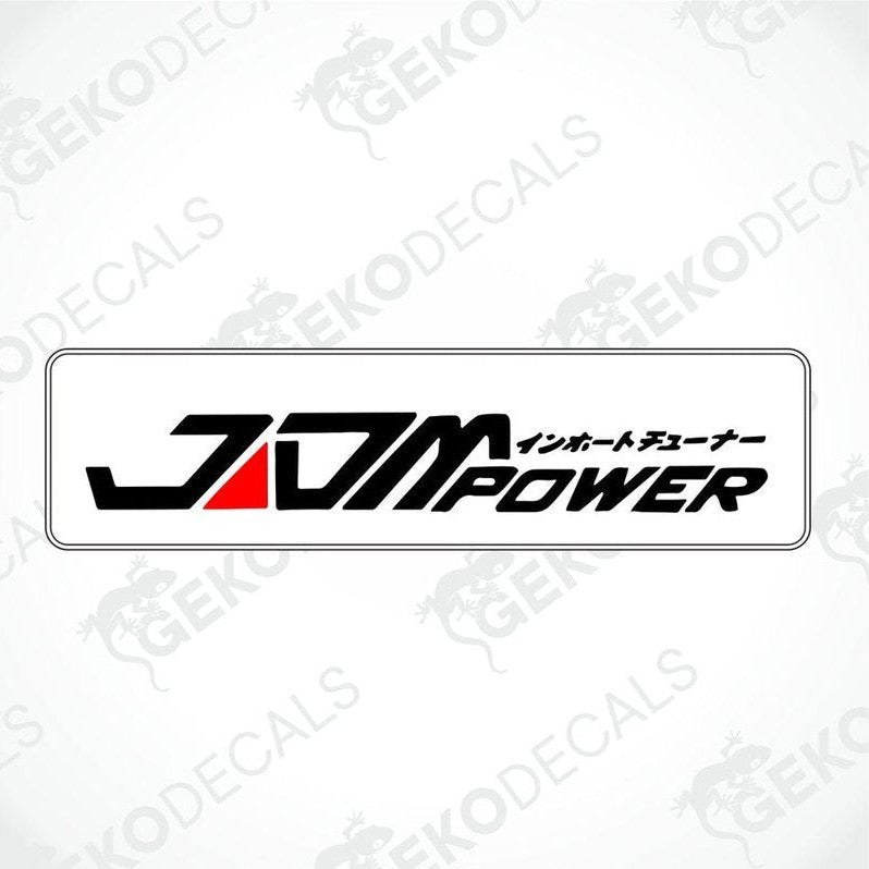 A rectangular car sticker with the text 'JDM POWER' and a graphic design, predominantly in black and red.