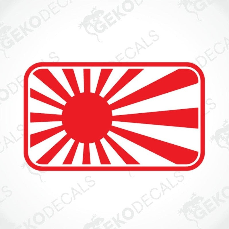 A red and white geometric car sticker depicting a sun with rays extending outward.