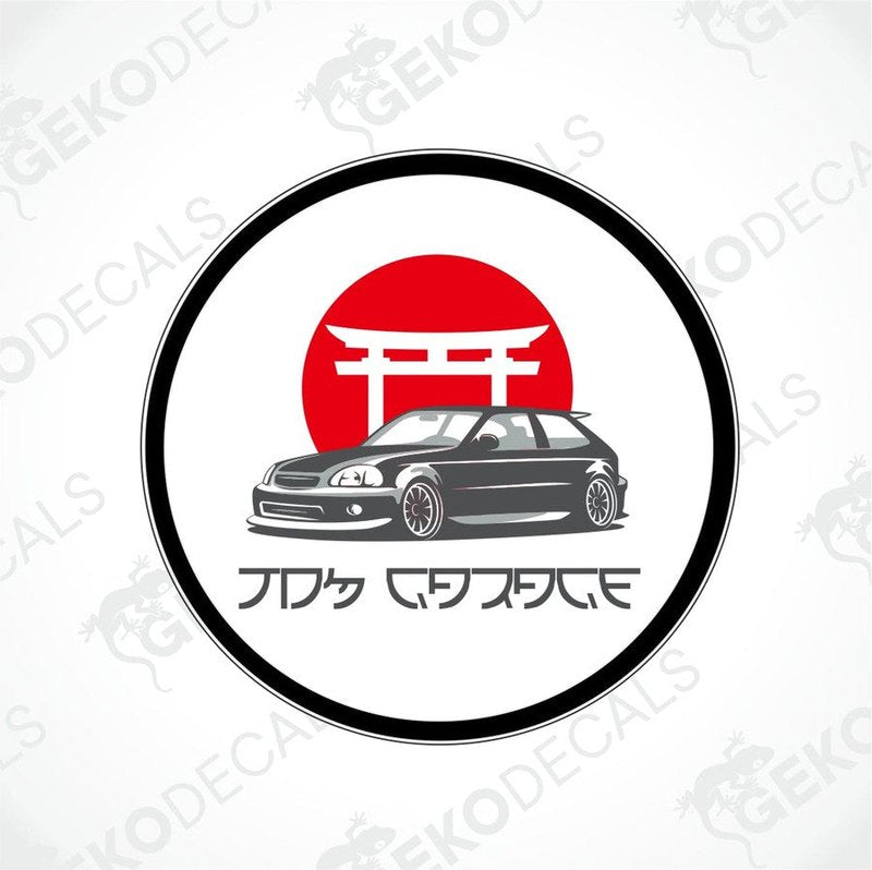 Round sticker with black frame and Japanese style hieroglyphs. Car image in the middle. Black, white and red colors.