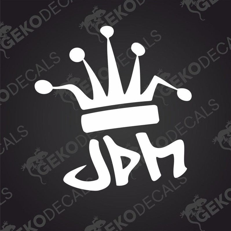 A white car decal with a crown and the text 'JDM KING' in a bold, black font.