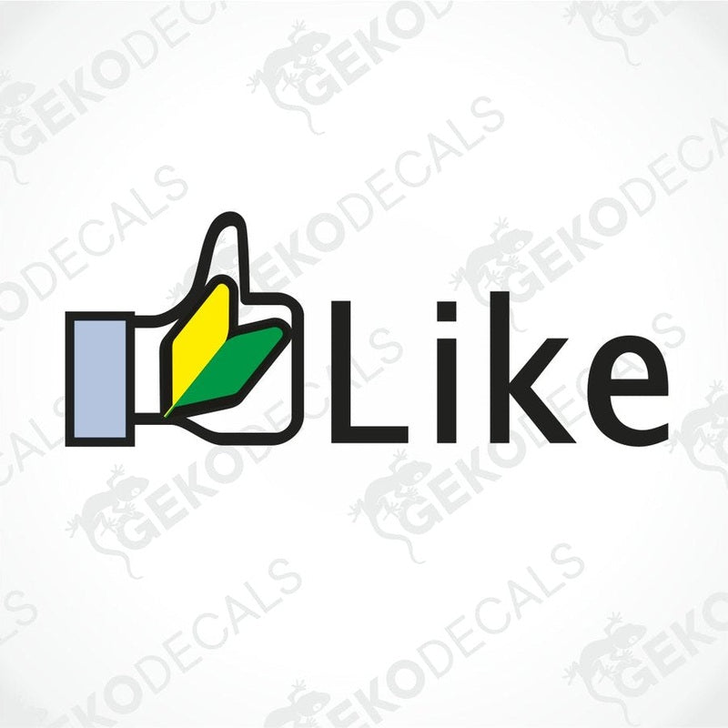 A car sticker decal with a thumbs up symbol and the word 'Like' in a bold font, predominantly in green and yellow colors.
