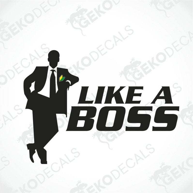 A car sticker decal with a graphic of a character in a suit and the text 'LIKE A BOSS' in bold letters.