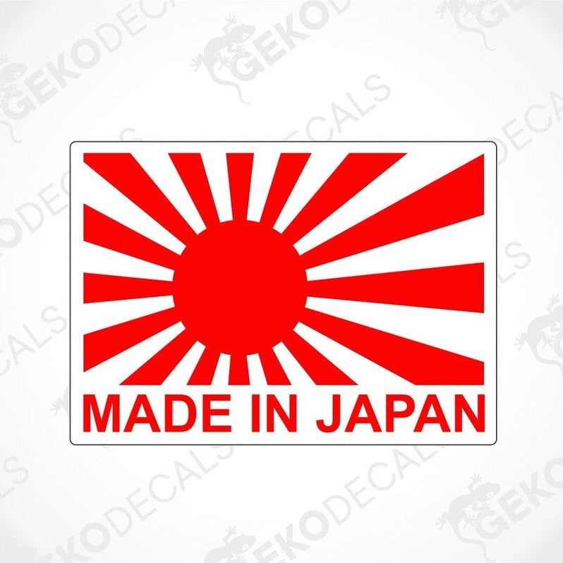 Made in Japan rectangular decal with red Japanese rising sun image.