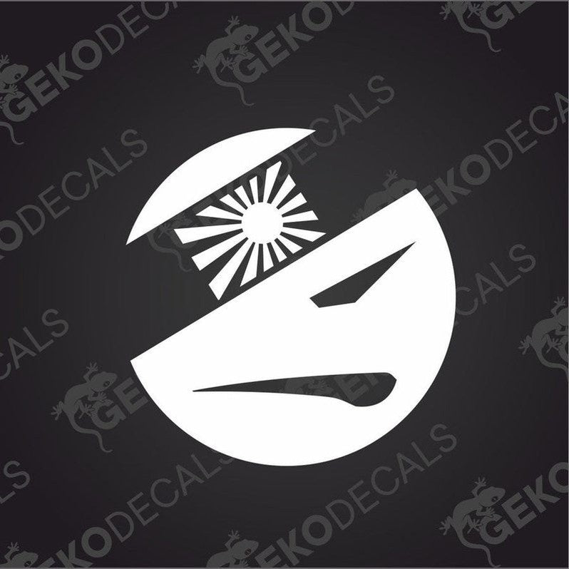 A white car decal of a stylized character with a Japanese flag motif on the top.