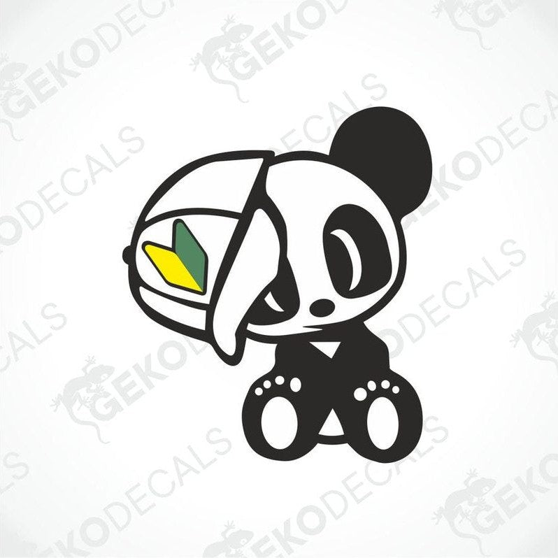 A sitting panda wearing a beanie on a slant and featuring a green and yellow JDM emblem.