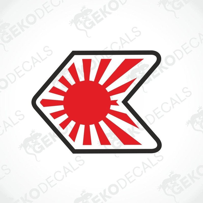 A red and black car decal with a rising sun design.