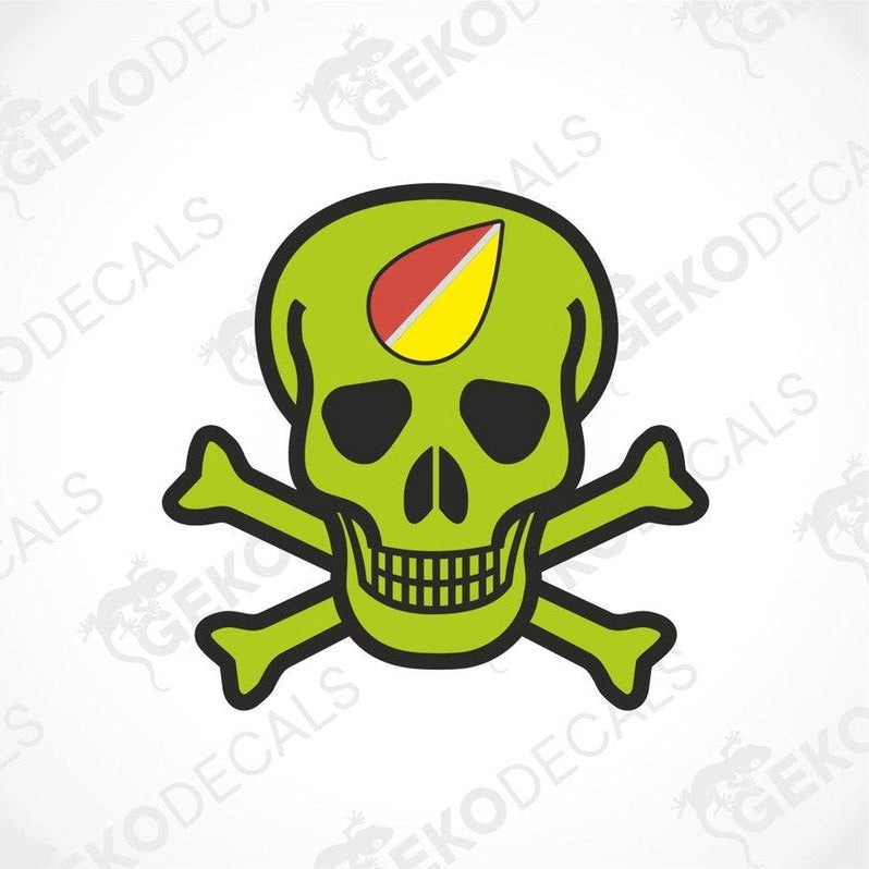 Green kull with two crossed bones behind with black frame.