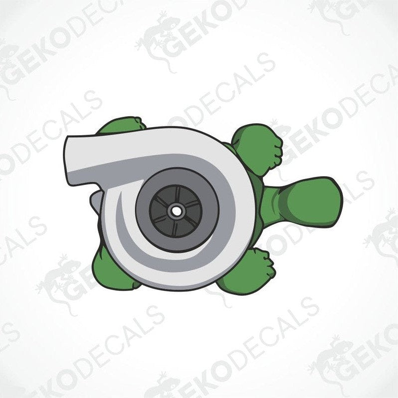 JDM Turbo cartoon green turtle decal with gray turbocharger design for car interior or exterior
