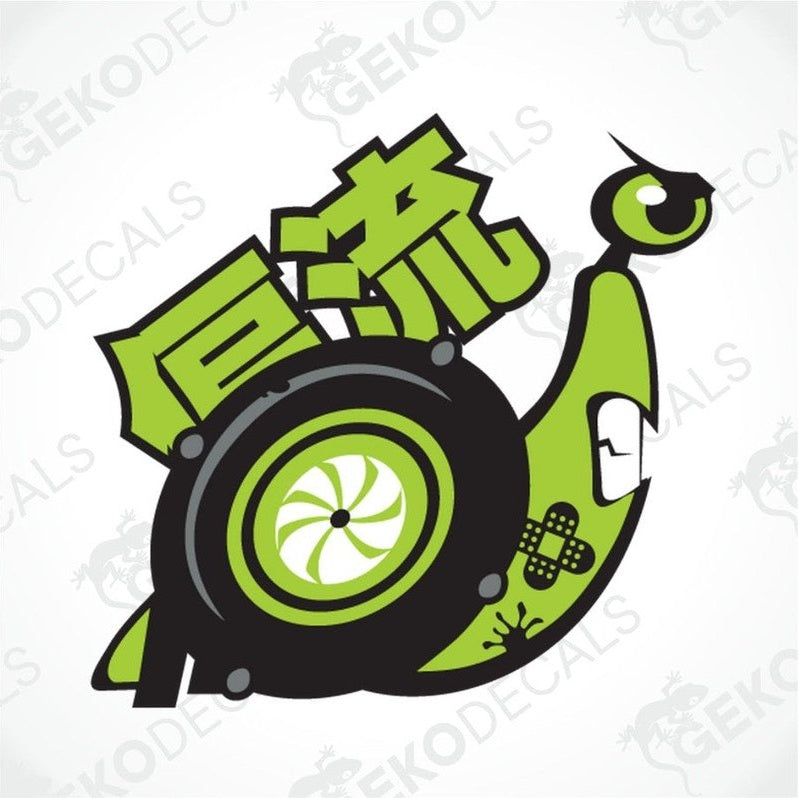 An angry snail design in green and black, with green hieroglyphs on the top left.