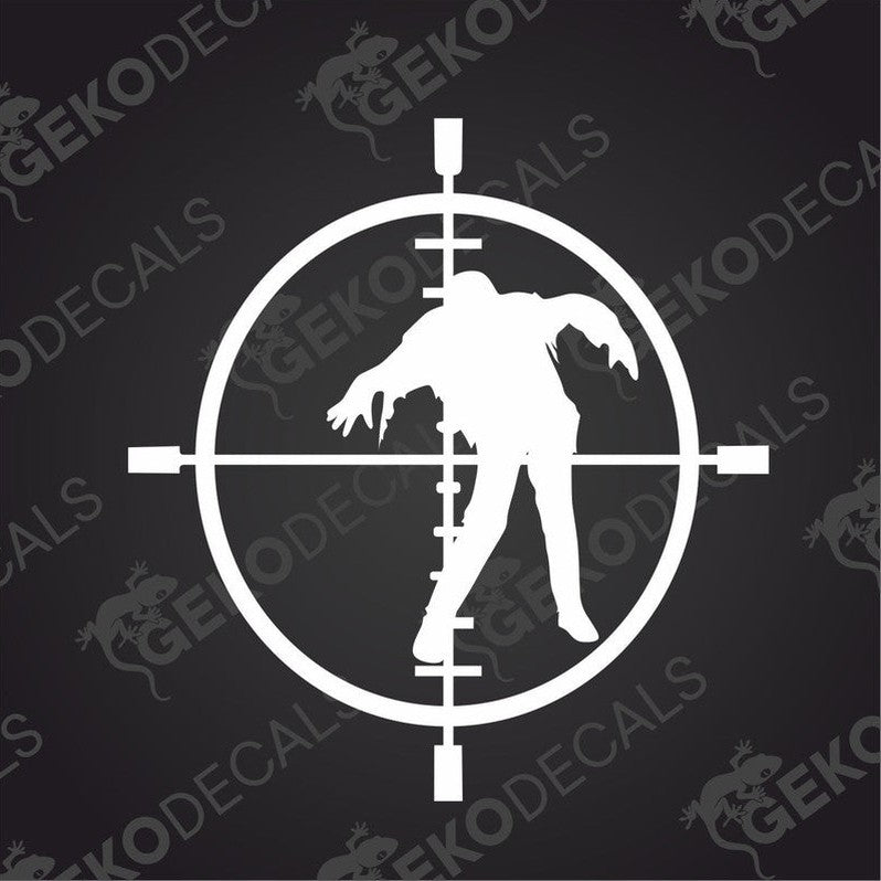 A car sticker depicting a zombie silhouette in a crosshair design.