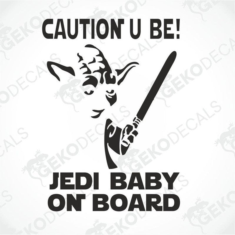 Black Jedi Baby on Board die cut decal with Yoda silhouette and lightsaber