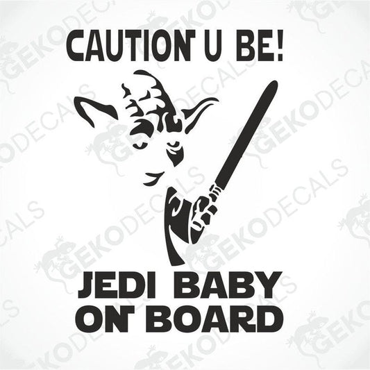 Black Jedi Baby on Board die cut decal with Yoda silhouette and lightsaber