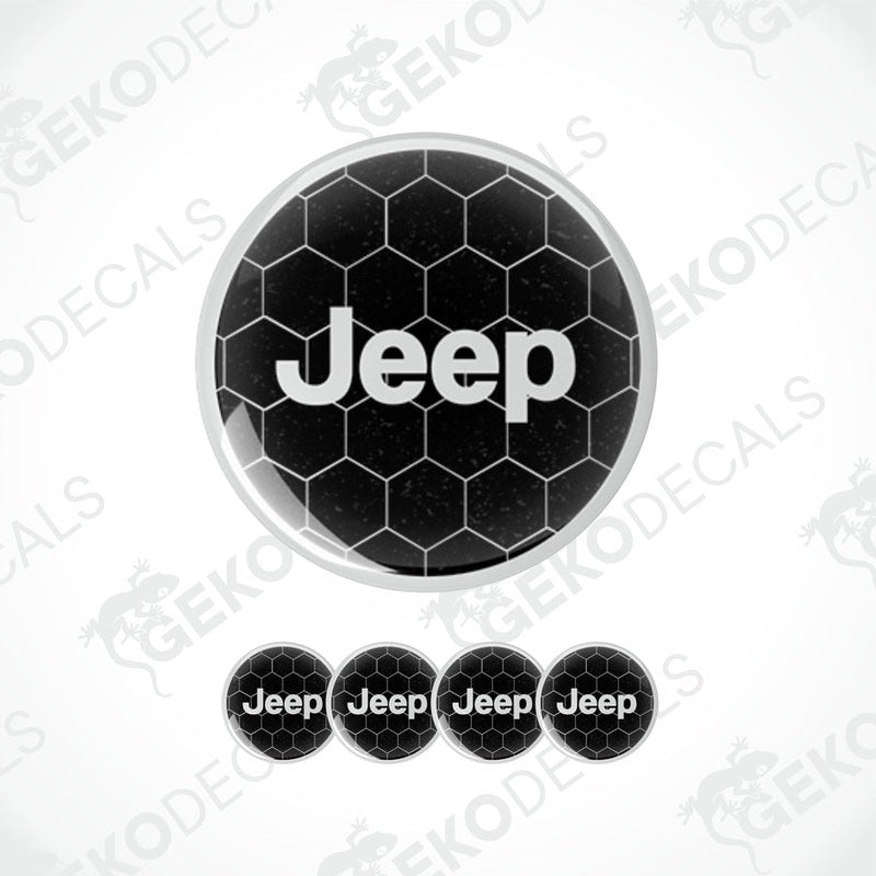 A set of four black vinyl decals with the Jeep brand logo, designed for use as car stickers or wheel caps.