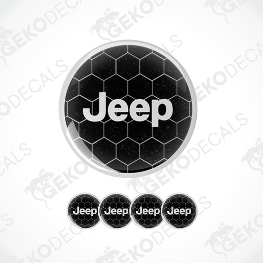 A set of four black vinyl decals with the Jeep brand logo, designed for use as car stickers or wheel caps.