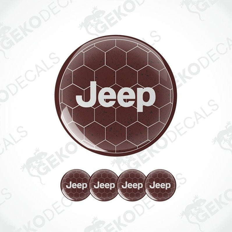 A set of four brown vinyl stickers with the word 'JEEP' and a honeycomb pattern background.