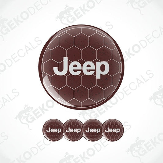 A set of four brown vinyl stickers with the word 'JEEP' and a honeycomb pattern background.