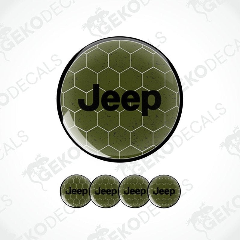 A set of four green vinyl decals with the Jeep brand logo, designed to be applied on a vehicle's surface.
