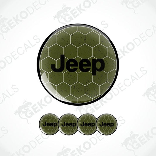 A set of four green vinyl decals with the Jeep brand logo, designed to be applied on a vehicle's surface.