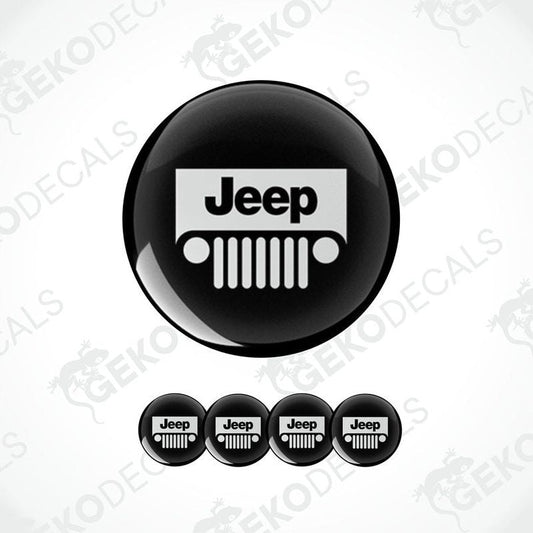 A set of four black vinyl stickers with a JEEP logo design, displayed on a white background.
