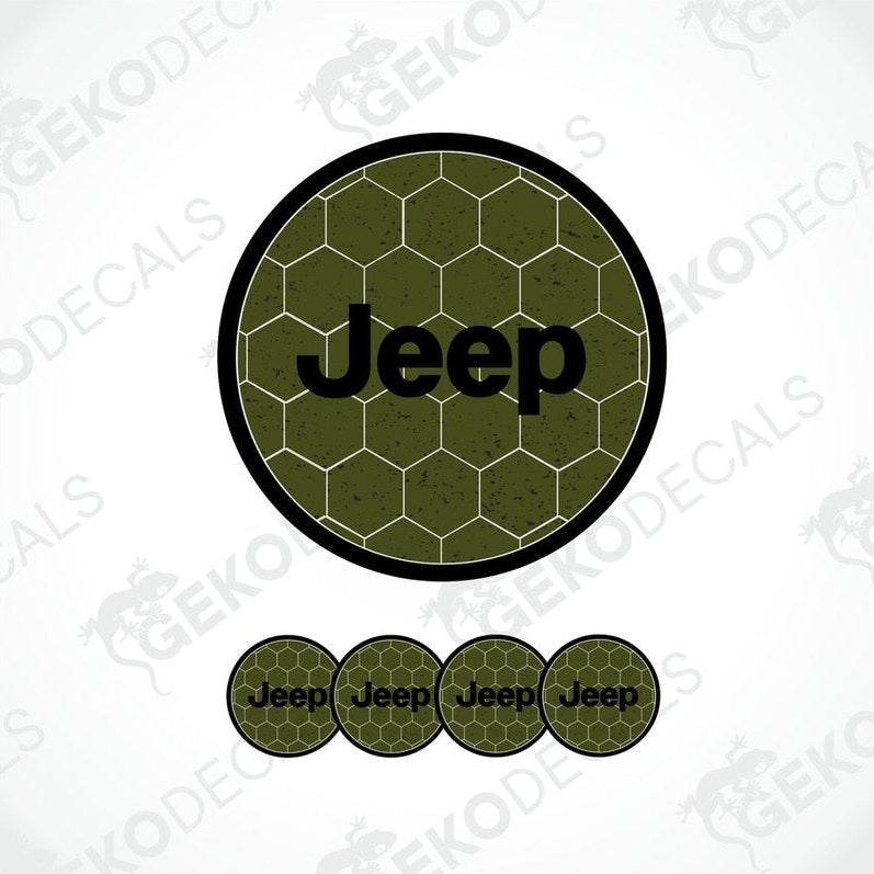 A set of four green vinyl decals with the Jeep brand logo, designed to be applied on a vehicle's surface.