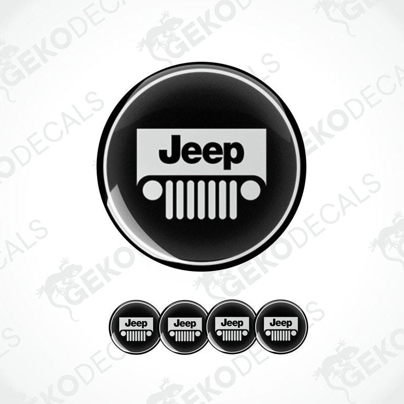 A set of black vinyl decals with the Jeep logo, including four different designs featuring the Jeep brand mark.