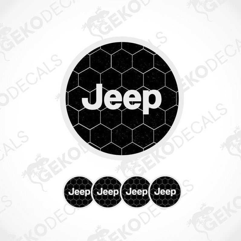 A set of four black vinyl decals with the Jeep brand logo, designed for use as car stickers or wheel caps.