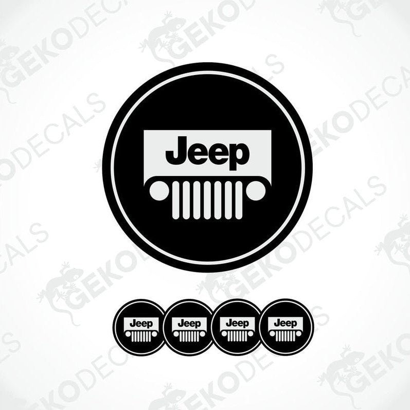 A set of black vinyl decals with the Jeep logo, including four different designs featuring the Jeep brand mark.