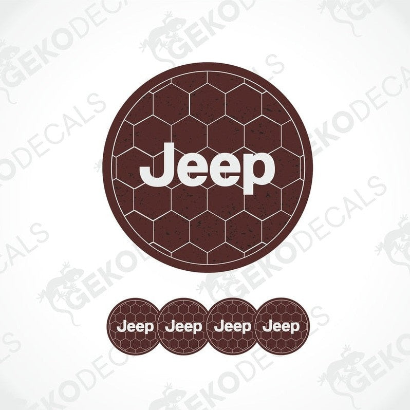 A set of four brown vinyl stickers with the word 'JEEP' and a honeycomb pattern background.