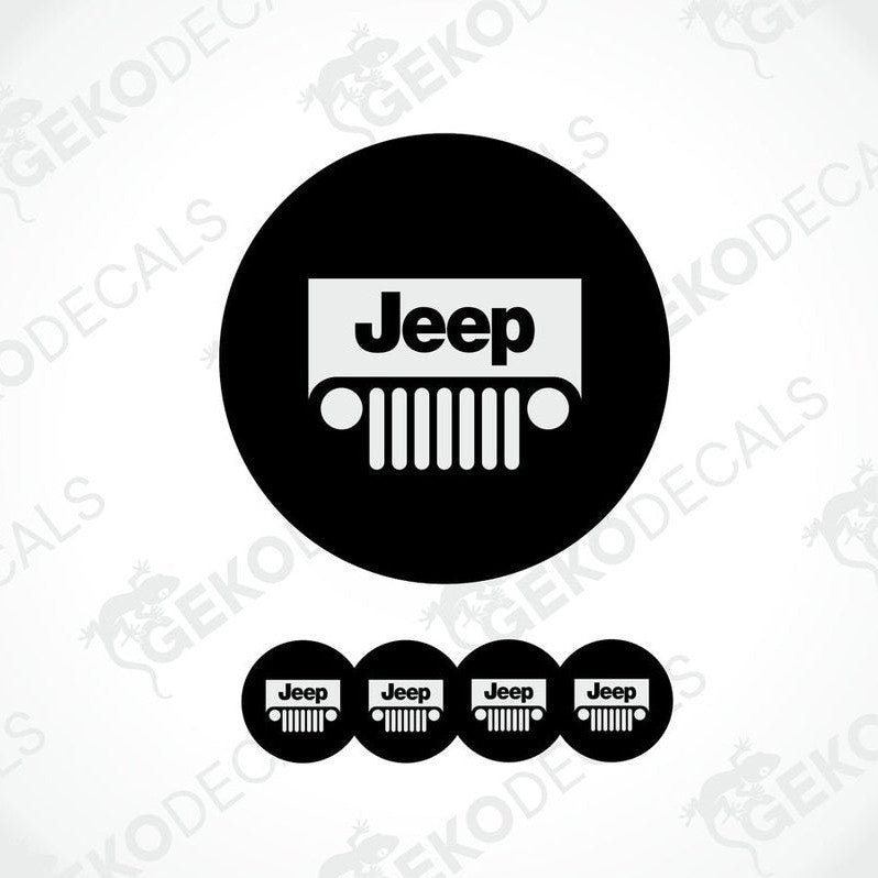 A set of four black vinyl stickers with a JEEP logo design, displayed on a white background.