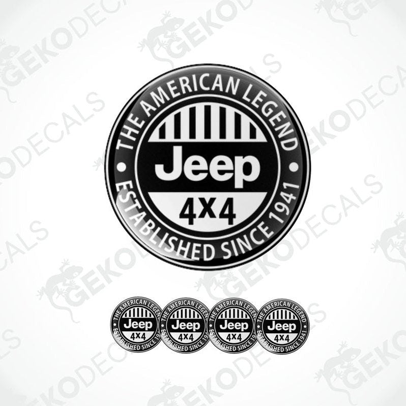 A set of black vinyl decals with polyurethane coating featuring the Jeep 4X4 logo and the text 'The American Legend'.