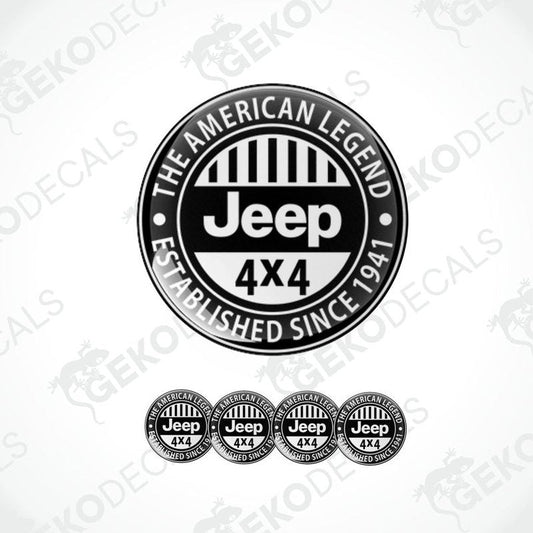 A set of black vinyl decals with polyurethane coating featuring the Jeep 4X4 logo and the text 'The American Legend'.