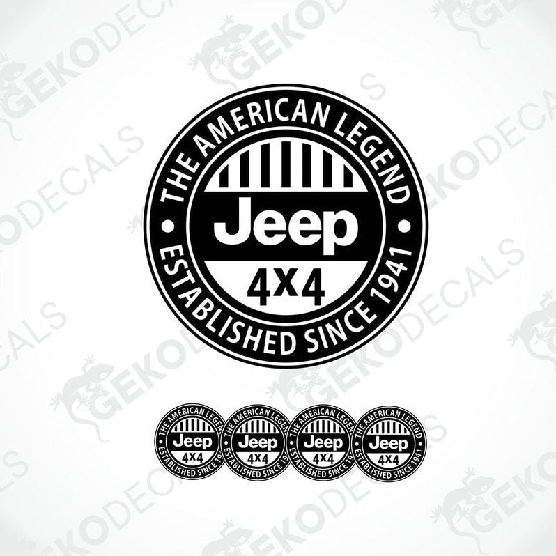 A set of black vinyl decals with polyurethane coating featuring the Jeep 4X4 logo and the text 'The American Legend'.