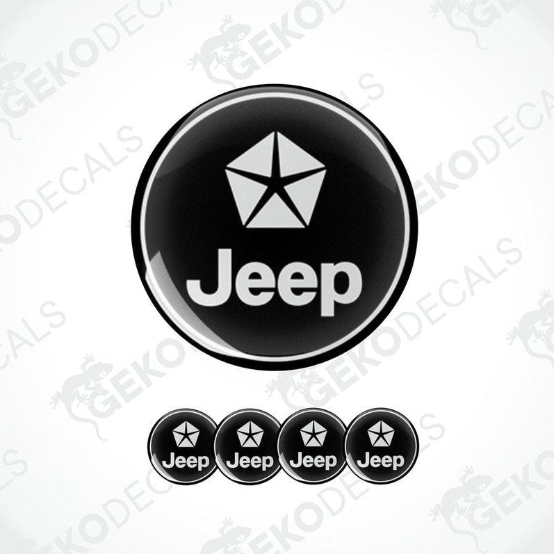 A set of four black vinyl stickers with the Jeep Chrysler logo on them.