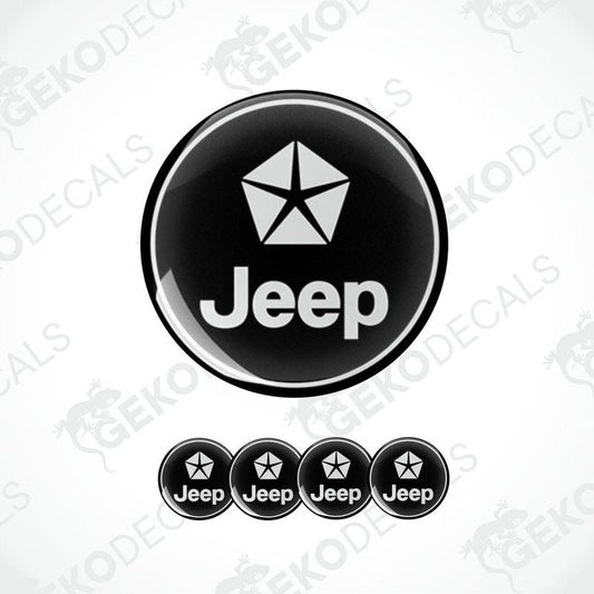 A set of four black vinyl stickers with the Jeep Chrysler logo on them.