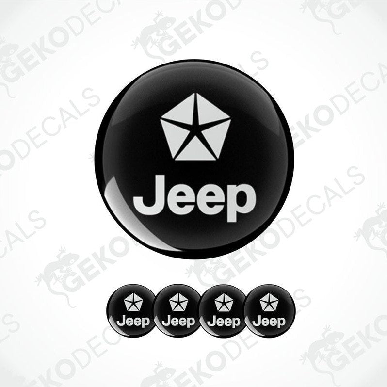 A set of four black vinyl stickers with the Jeep Chrysler brand logo on them.