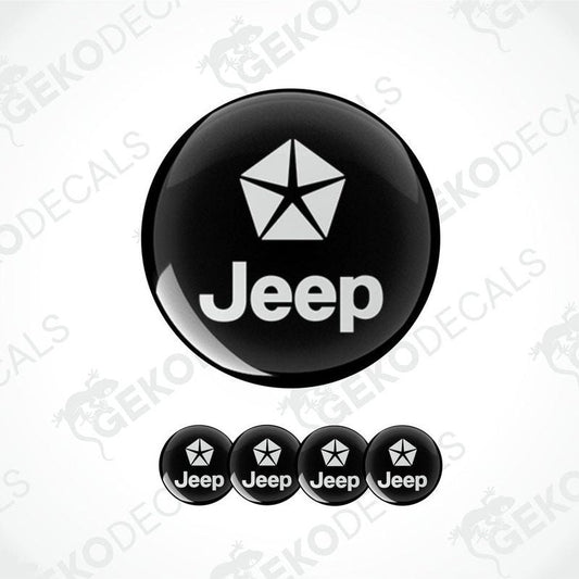 A set of four black vinyl stickers with the Jeep Chrysler brand logo on them.