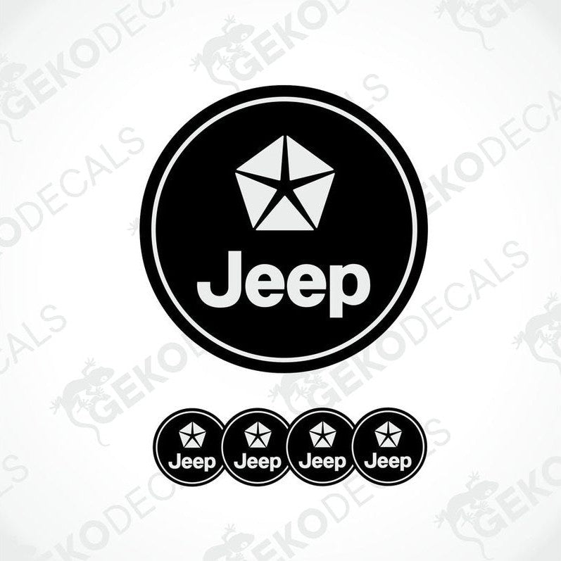 A set of four black vinyl stickers with the Jeep Chrysler logo on them.