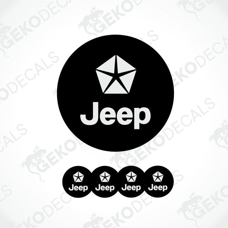 A set of four black vinyl stickers with the Jeep Chrysler brand logo on them.