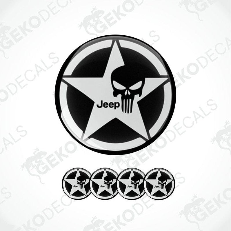 A set of four black vinyl stickers with a JEEP logo and a punisher star design.