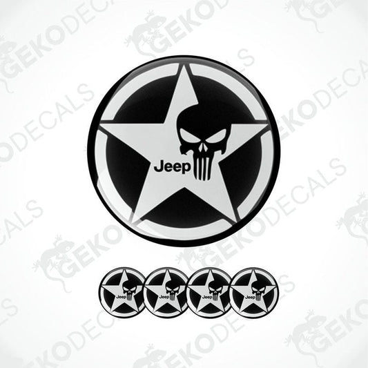 A set of four black vinyl stickers with a JEEP logo and a punisher star design.