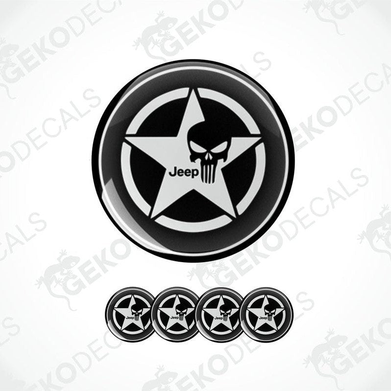 A set of four black vinyl stickers with a JEEP logo and a punisher star design.