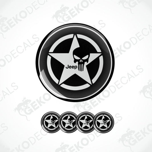 A set of four black vinyl stickers with a JEEP logo and a punisher star design.