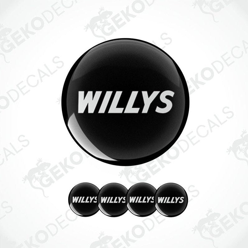 A set of black vinyl decals with the text 'WILLYS' displayed on them, presented against a white background.