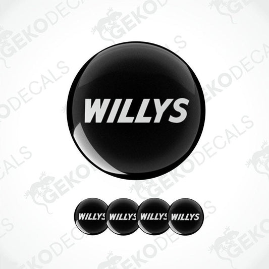 A set of black vinyl decals with the text 'WILLYS' displayed on them, presented against a white background.
