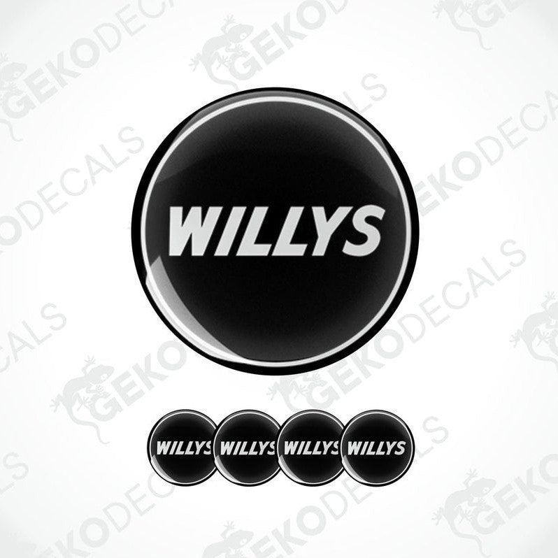 A set of black vinyl decals with the text 'WILLYS' displayed on them, presented against a white background.
