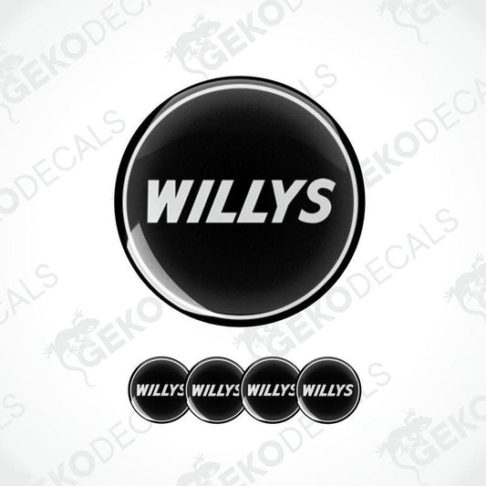 A set of black vinyl decals with the text 'WILLYS' displayed on them, presented against a white background.