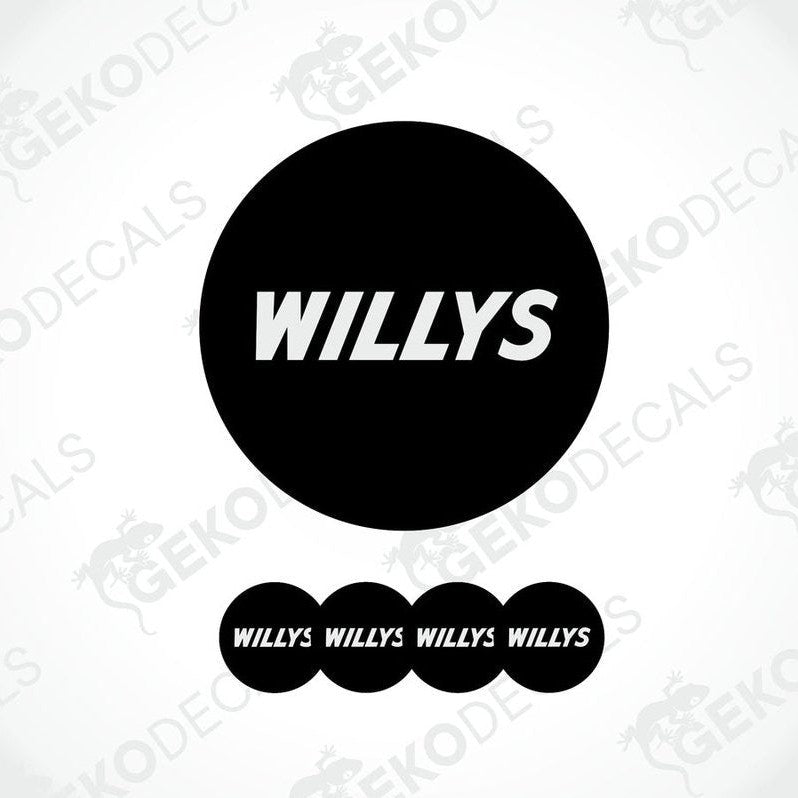 A set of black vinyl decals with the text 'WILLYS' displayed on them, presented against a white background.